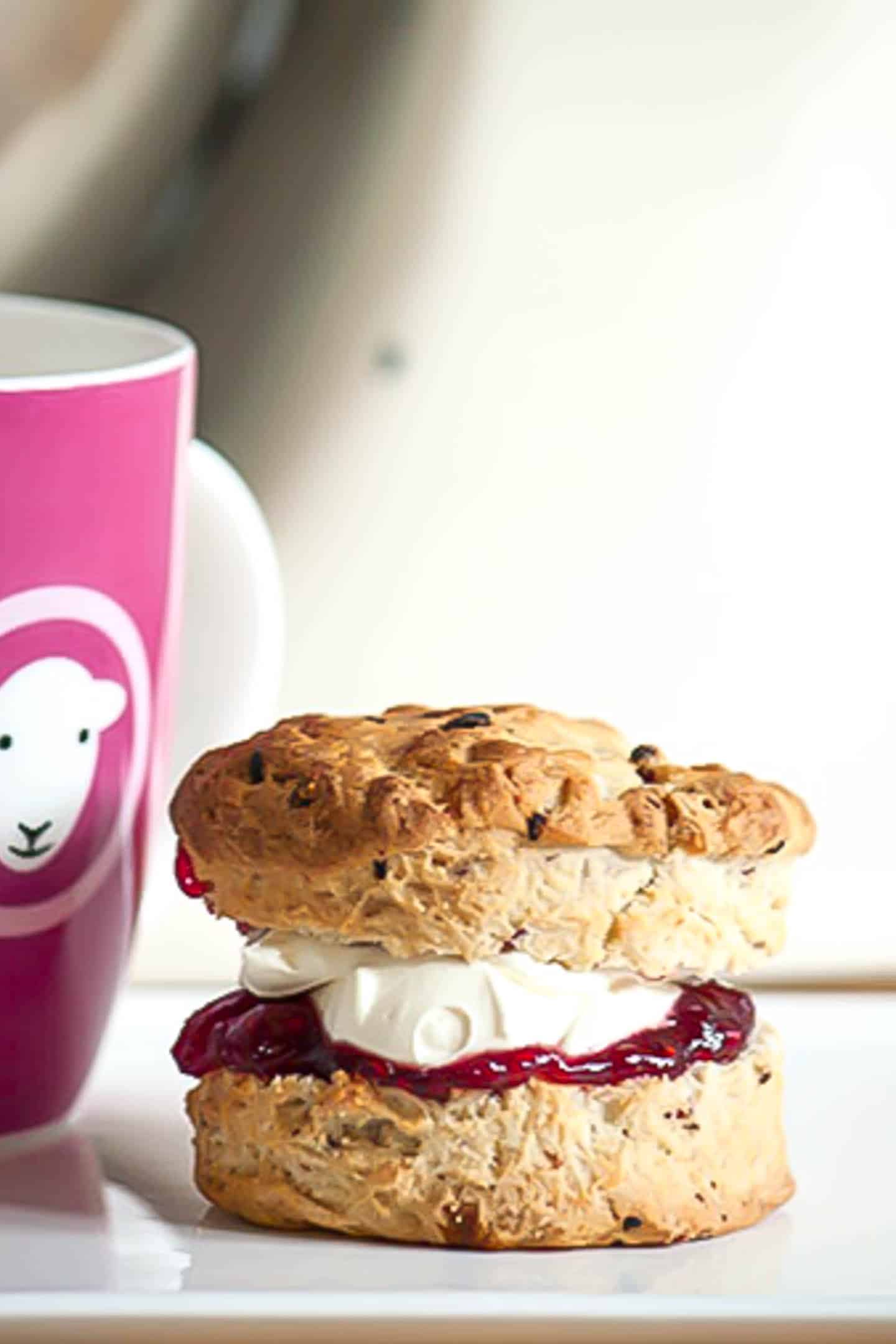 British scone filled with raspberry jam and cream