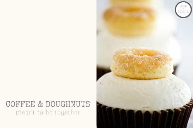 A close up of a mini sugar doughnut on top of a smooth cream cheese frosting, on a coffee flavoured cupcake