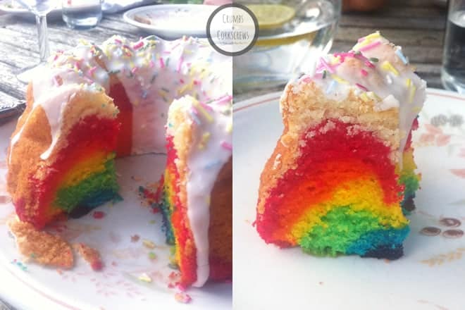 Crumbs and Corkscrews - Gluten-free Rainbow Birthday Bundt Cake