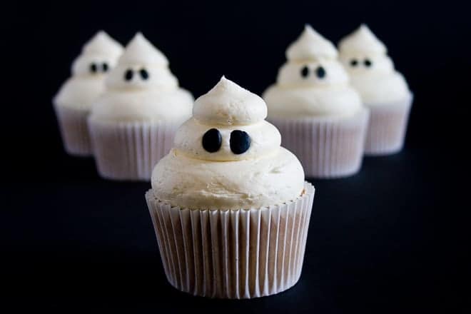 Creepy and kooky Ghosties and Red Devils make Halloween a little cuter and definitely sweeter with these Halloween Sticky Toffee Cupcakes!