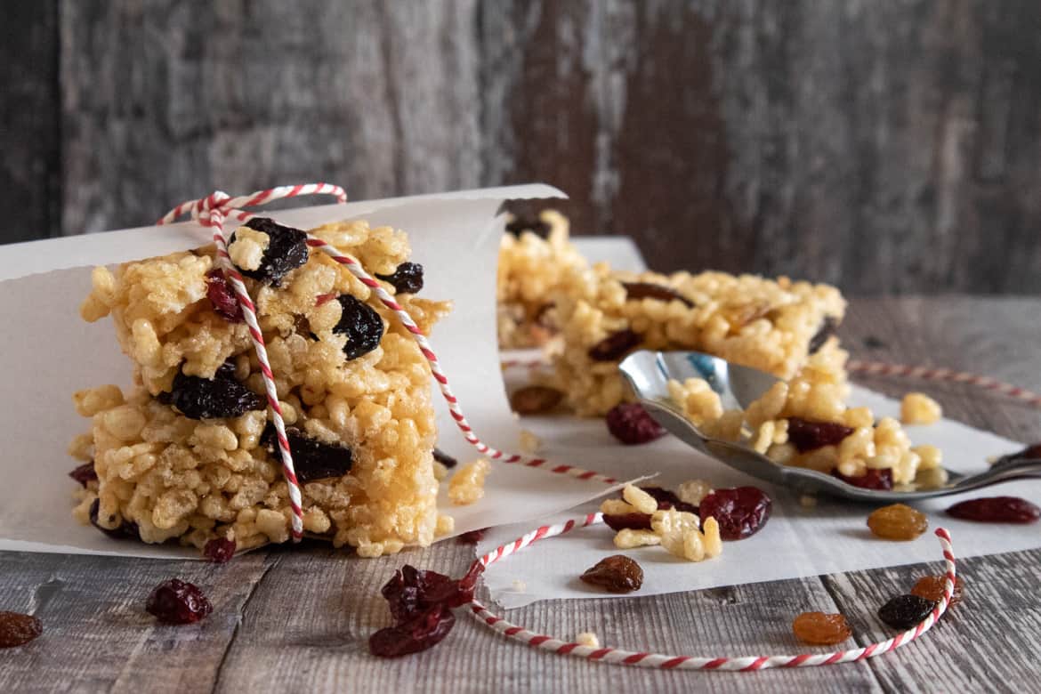 Rice Krispie breakfast bars wrapped in paper ready to take away 