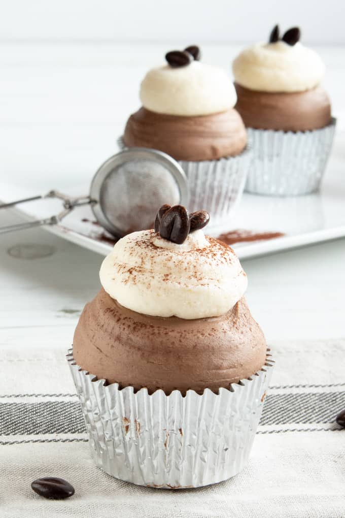One bowl Chocolate Mocha Cupcakes spiked with a rich shot of espresso, a touch of chocolate and topped with the tang of cream cheese frosting
