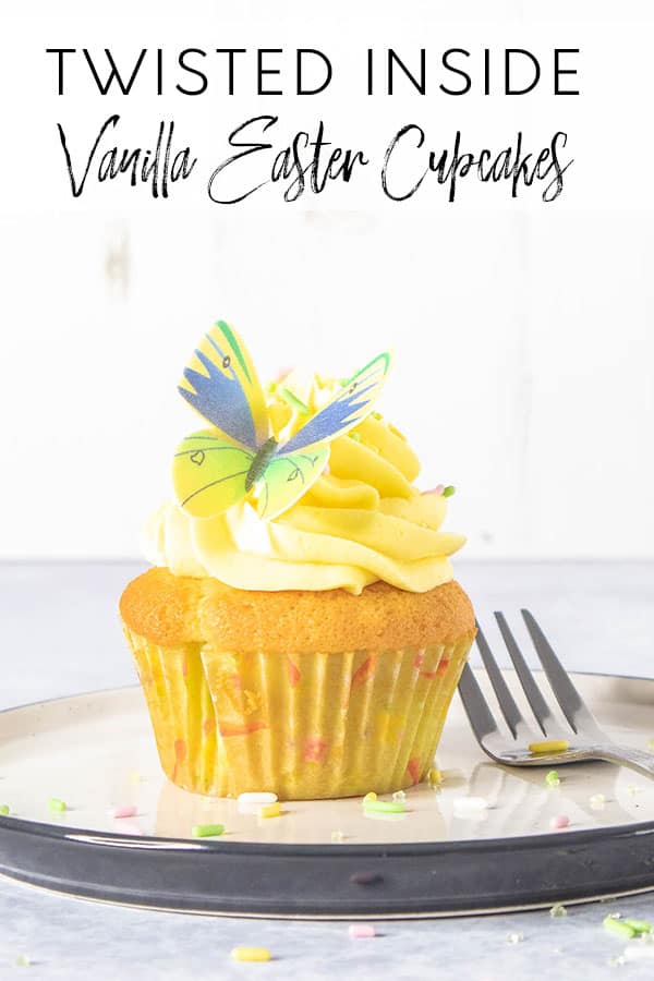 These vanilla cupcakes are light and fluffy, and utterly delicious. Topped with creamy whipped vanilla buttercream, and with a hidden chocolate surprise inside, these are easy to put together and make the perfect Easter cupcake alternative to chocolate eggs.