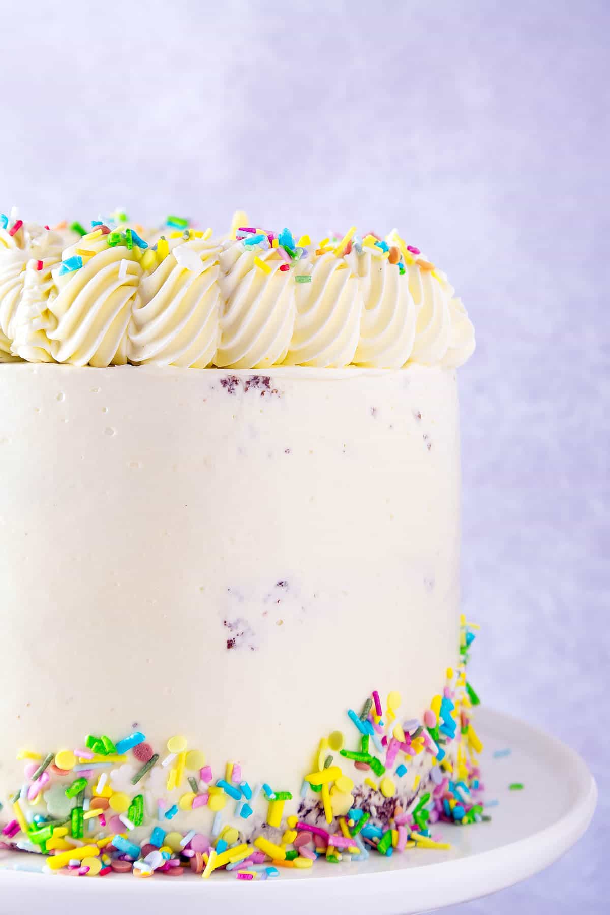 Vanilla cake iced with buttercream and decorated with sprinkles