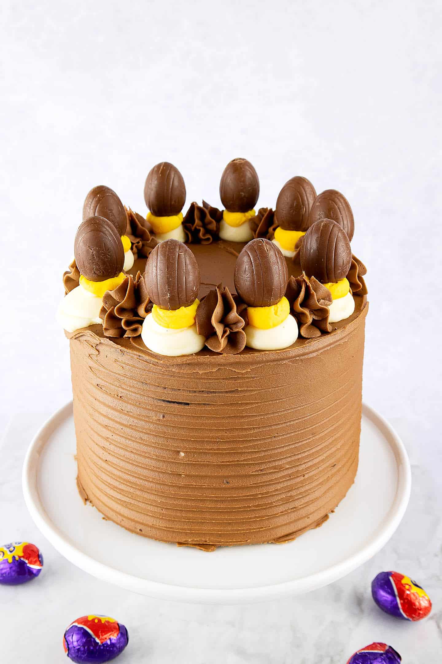 Chocolate cake topped with Creme Eggs