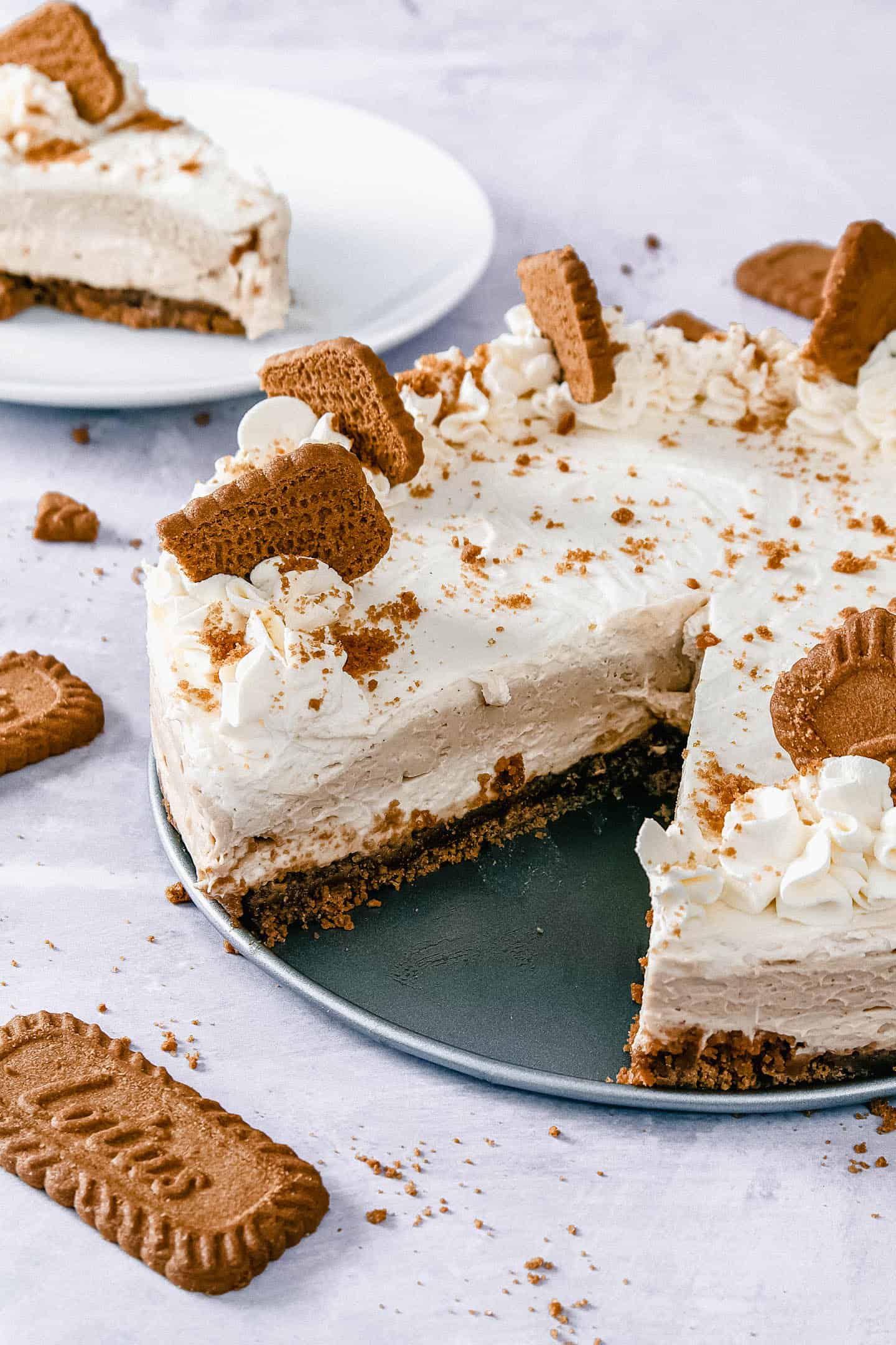 Biscoff cheesecake with a slice cut out