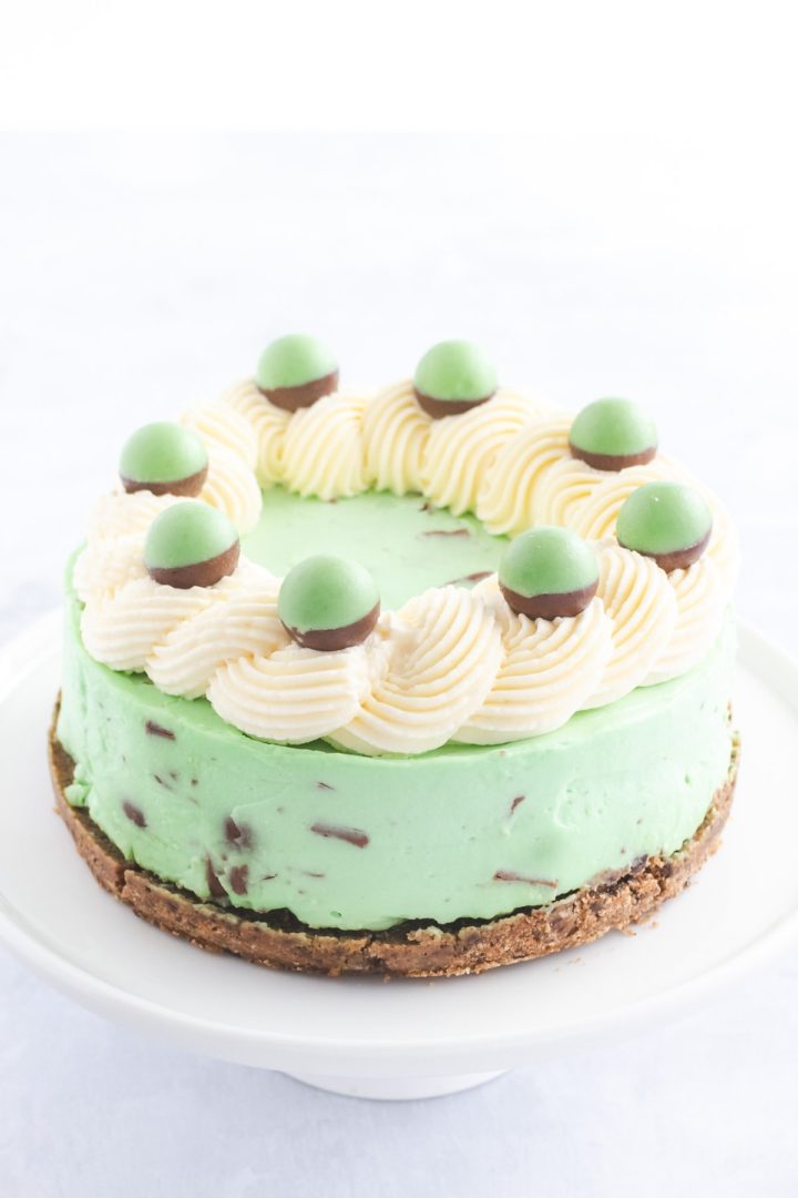 Mint green cheesecake with a biscuit crust on a white cake stand