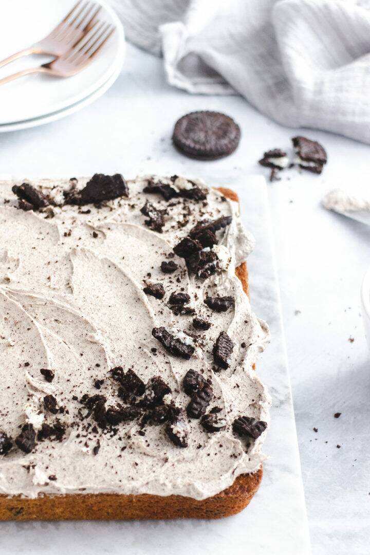 Cookies and cream tray bake cake on a marble pastry board