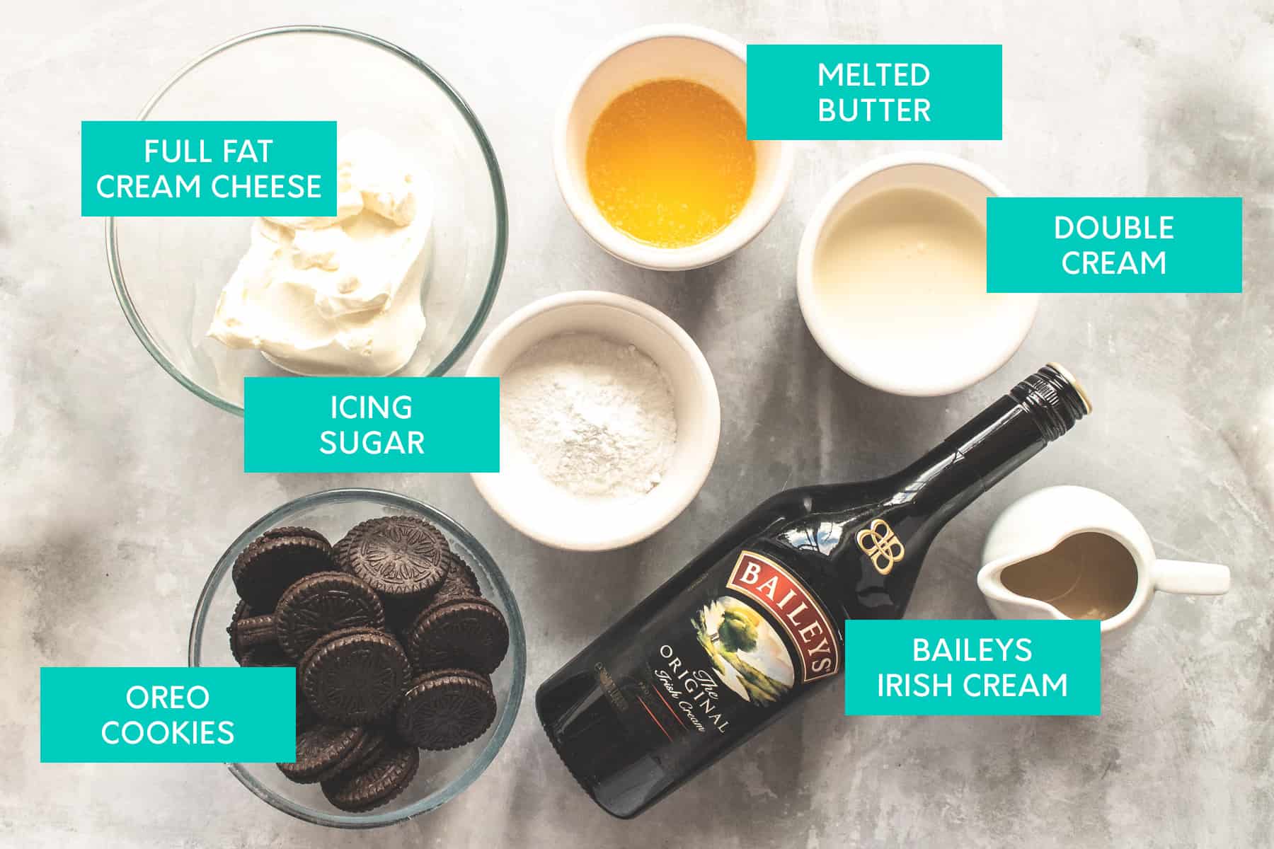 Ingredients to make Baileys Irish Cream Cheesecake