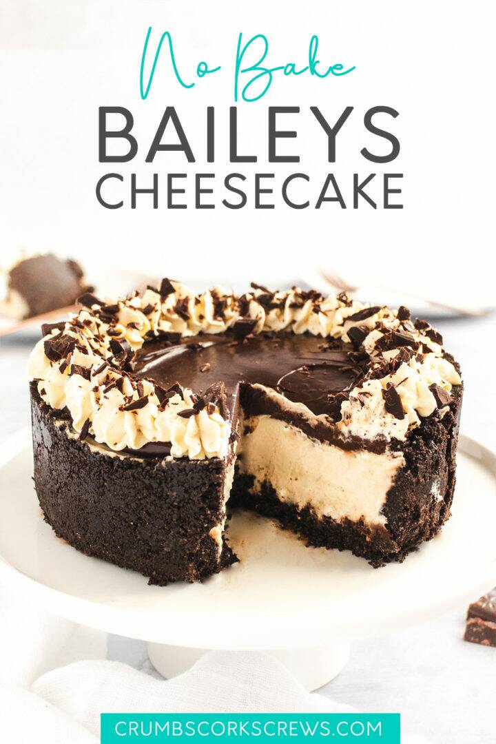 Baileys Irish Cream cheesecake topped with chocolate ganache on a plate - Pinterest image