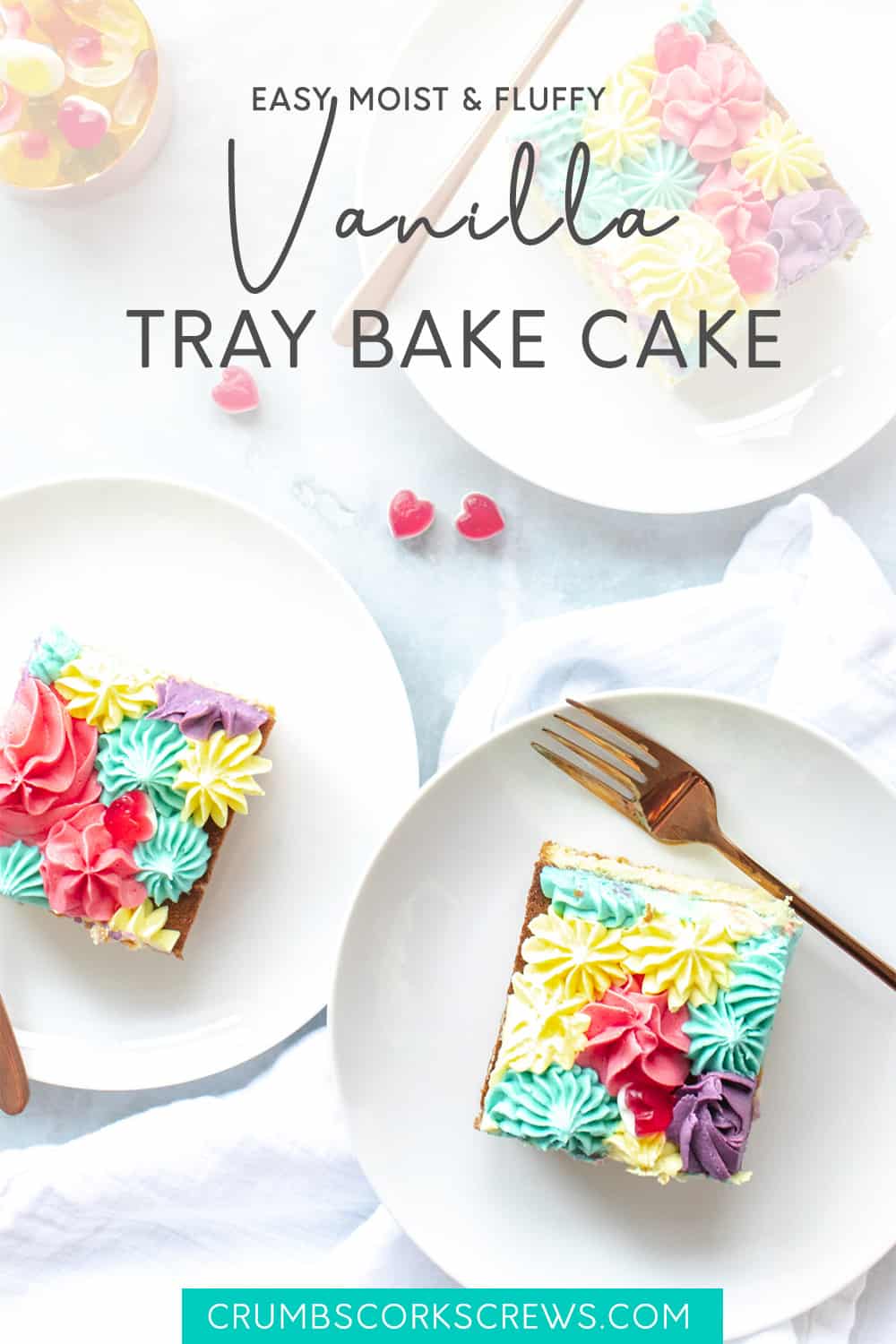 Vanilla tray bake cake on a white plate - Pinterest Image