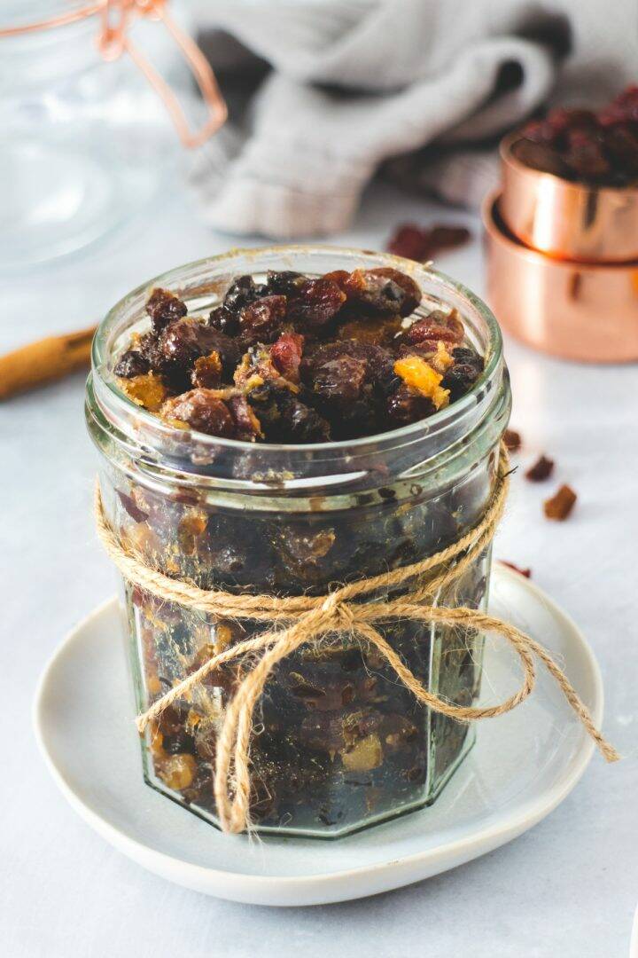 Fruit mince in a glass jar tied with twine