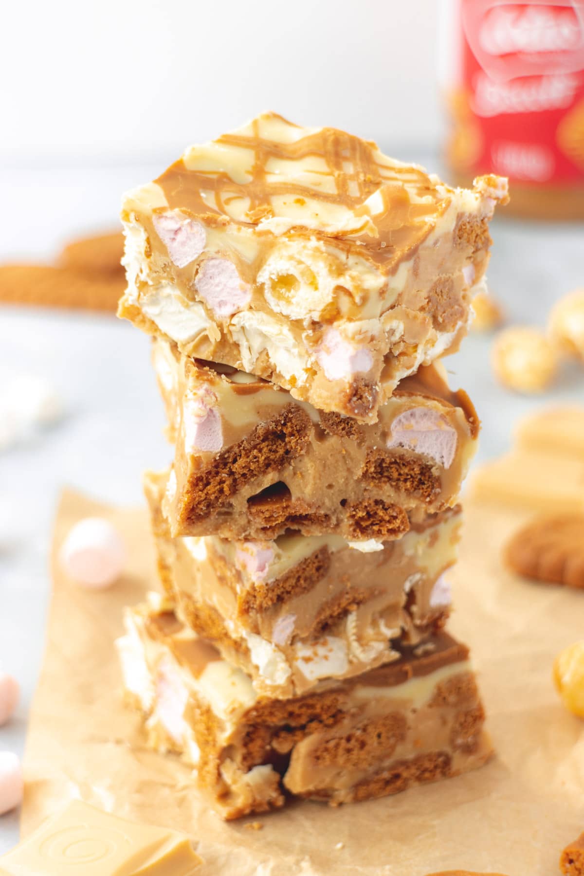 Stack of white chocolate coated rocky road with Lotus Biscoff spread