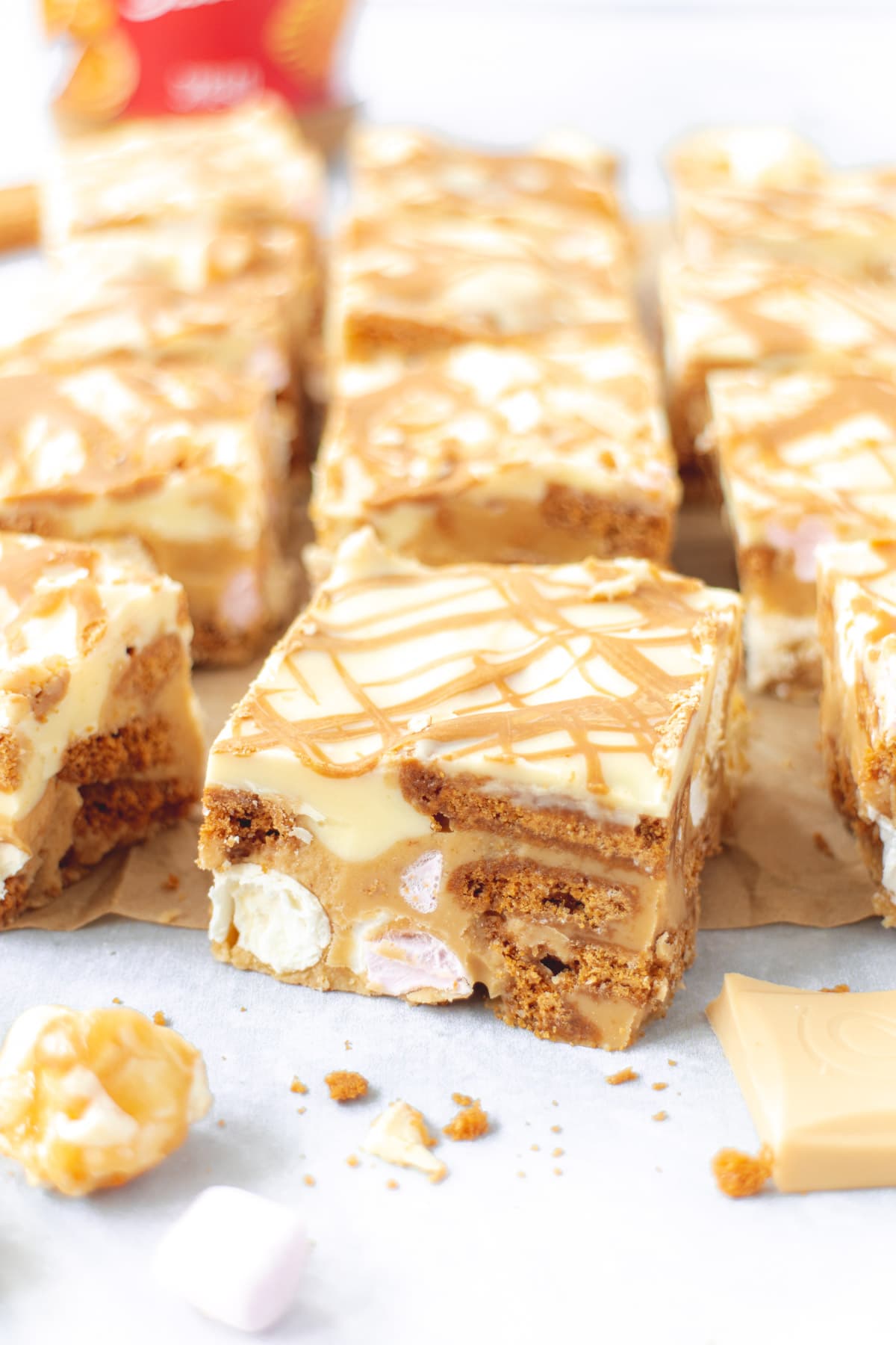 Biscoff cookie layers in a slice of fridge cake
