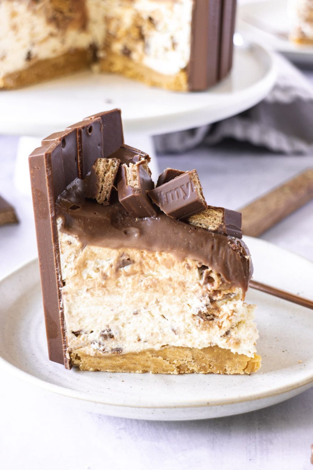 No Bake Kit Kat Cheesecake - Crumbs and Corkscrews