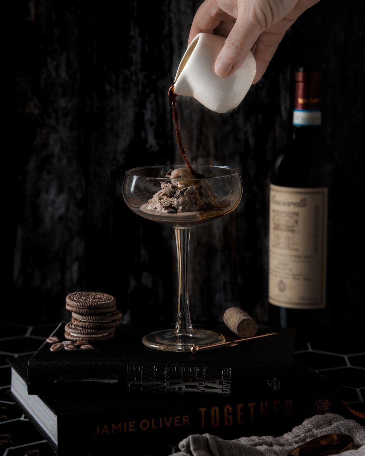 Coffee being poured over ice cream in a cocktail glass - Food Photography and Styling by Lou Carruthers, Crumbs and Corkscrews